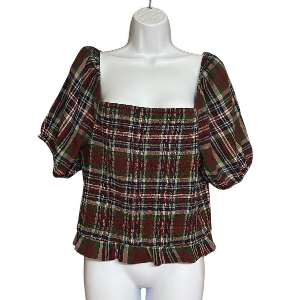 American Eagle Plaid Smocked Puff-Sleeve Milkmaid Blouse - Red Tartan - XL